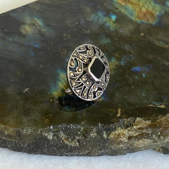 Sterling Silver 925 Dainty 0.89" Oval Black Onyx & Marcasite Brooch - Picture 4 of 16